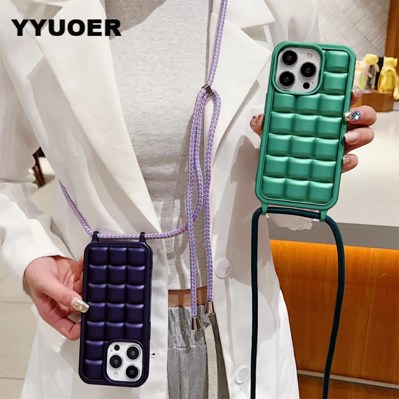 

3D Grid Crossbody Lanyard Necklace Shockproof Case for iPhone 15 14 13 12 11 Pro Max Solid Color Soft Silicone Strap Cord Cover