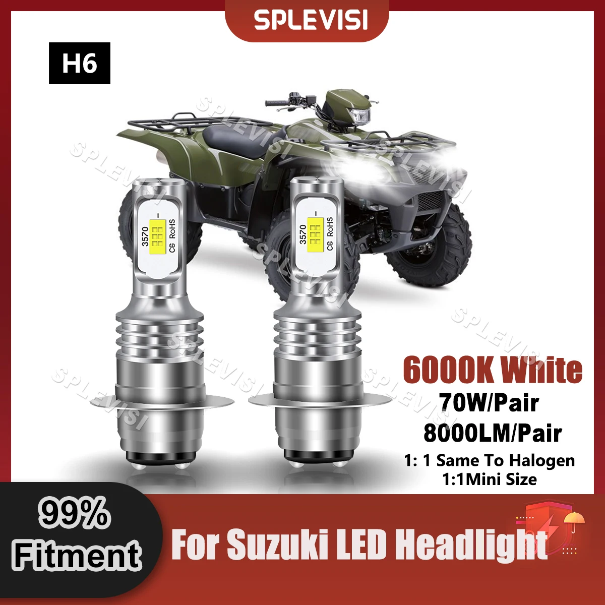 2PCS H6 LED Headlight Bulbs Pure White 9V-24V 70W 8000LM For Suzuki Eiger 400 Quadrunner 500 Suzuki LT300 KING QUAD Replace Lamp for toyota fj cool luze 2007 2020 car led headlight auto head lamp reverse brake fog front lights drl plug and play ip67 2pcs se