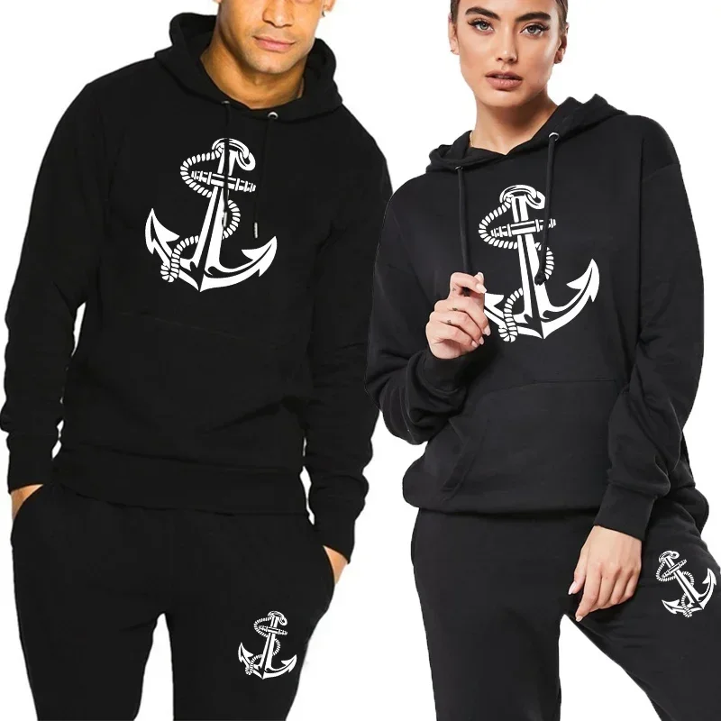 

Couple Tracksuit Anchor Print Hoodies Sweatpants High Quality Men Women Daily Casual Sports Jogging Suit Home Pajama 2pcs Set