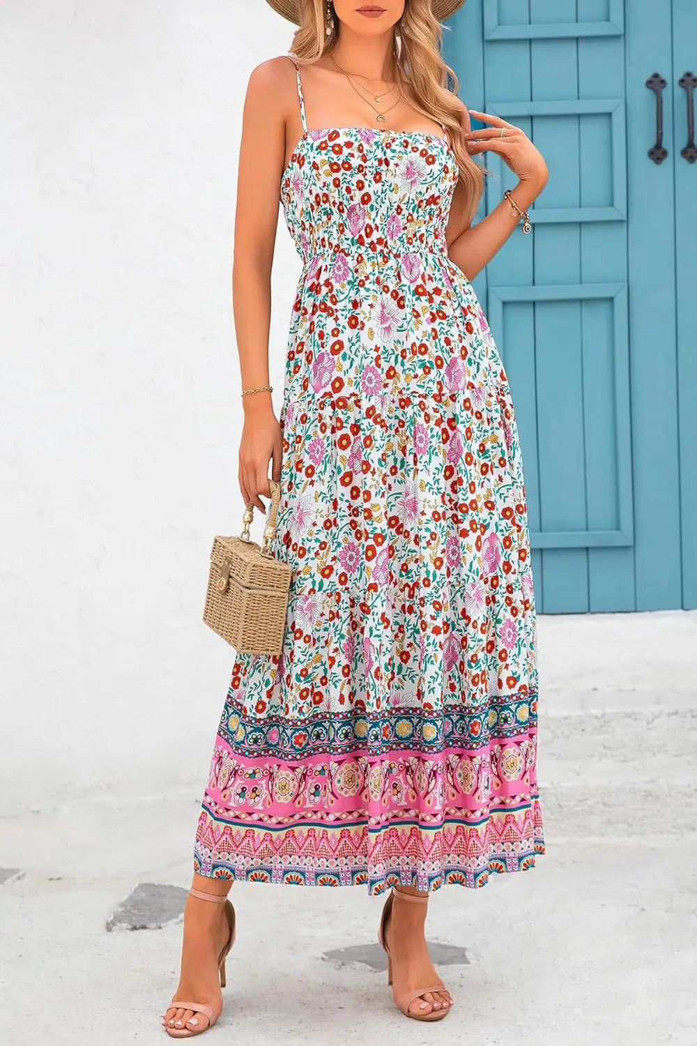 Vintage Flower Print Spaghetti Strap Dresses Women Fashion Trendy Bohemian Beach Vacation Long Dress Female Summer New Vestidos