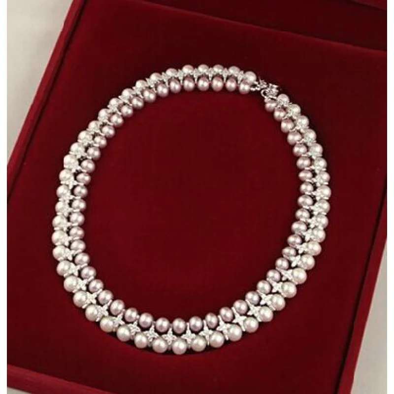 

Wholesale latest new design jewelry 2rows natural AA 9-10mm white&gray freshwater pearl necklace 006