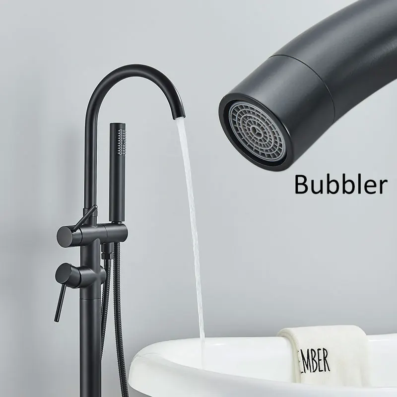 FMHJFISD Black Bathtub Faucet Floor Mounted Free Standing Bathtub Shower Mixer Taps Hot Cold Water Bathroom Crane Swivel Spout 2