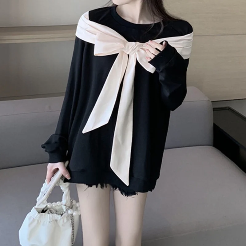 New Autumn Winter Korean Loose Fashion All-Match Long Sleeve Sweatshirt Shawl Bow Fake Two Pieces Hedging Women  Pullover