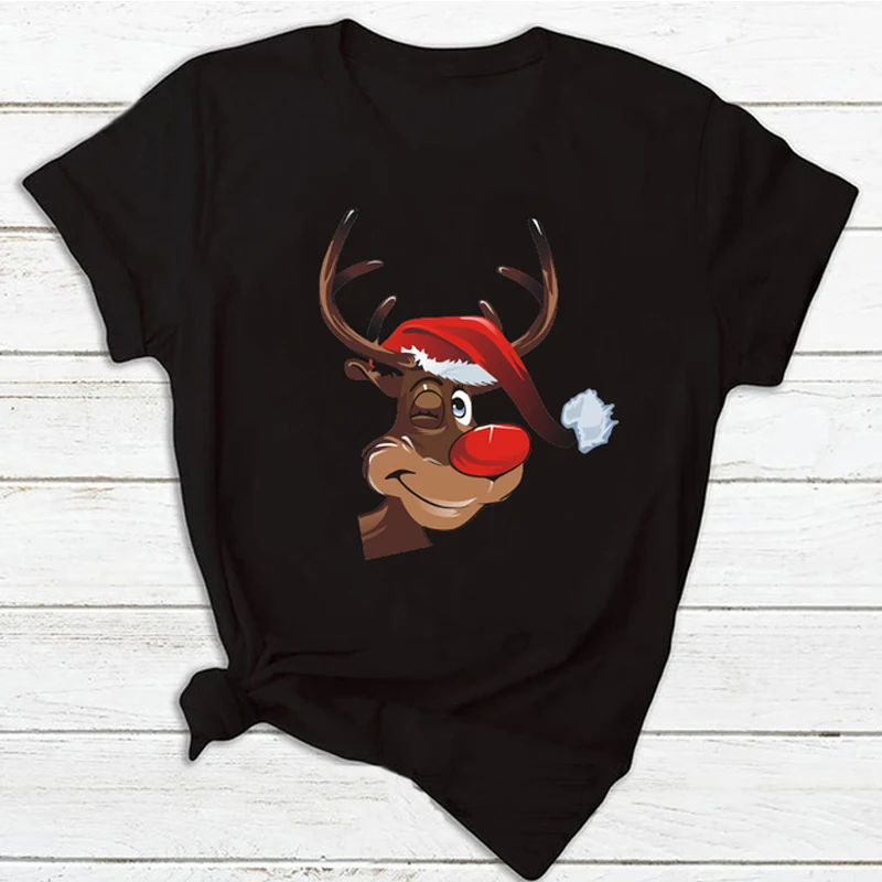 

Lovely Cute Deer with Christmas Hat Women New Year T-shirts Merry Christmas Cartoon Fashion Holiday Print Top Tshirt Female Tee