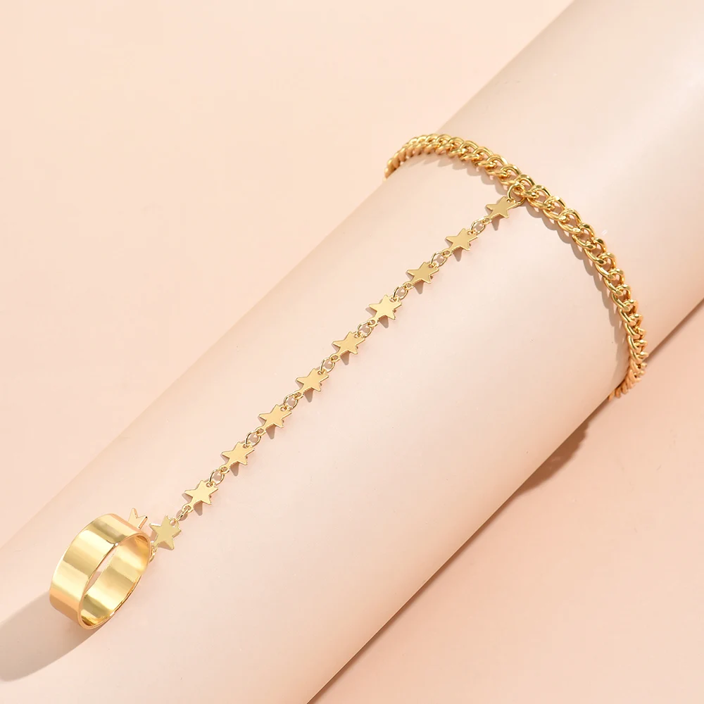 Gold Color Star Shape Chain Connecting Finger Bangle Bracelets 