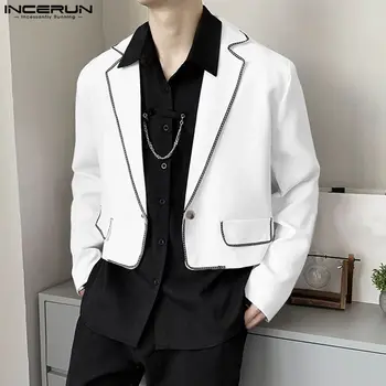 INCERUN-남성 재킷 패치 워크 긴 소매 옷깃 원 버튼 패션 자른 코트 정장 남성 스트리트 웨어 남성 블레이저 S-5XL