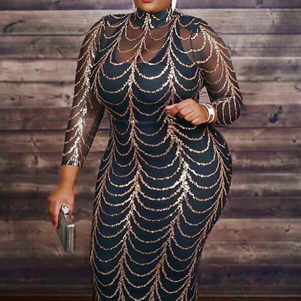 Plus Size Dresses Gold Tight Skirt Long Sleeve See-through Maxi Dress