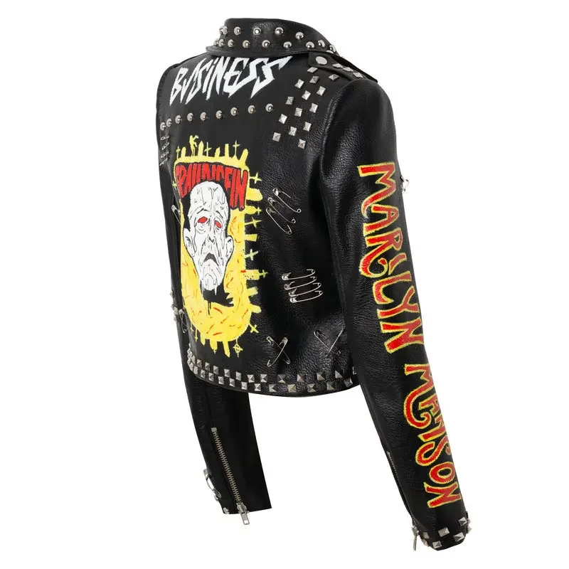 Punk Rivets Motorcycle Jacket Women 2024 Trend Fashion Contrast Color Print Cropped Faux Leather Jackets Black Streetwear