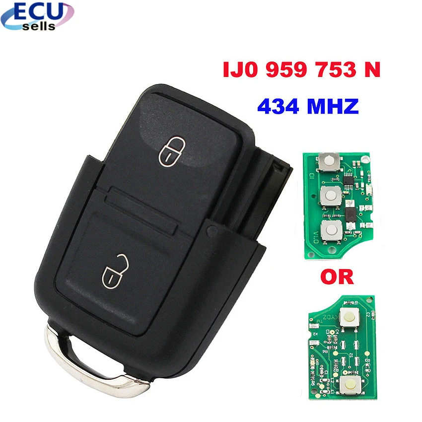 Remote Key Fob For 2 Button 433 Mhz With Electric 1j0 959 753 N For Vw