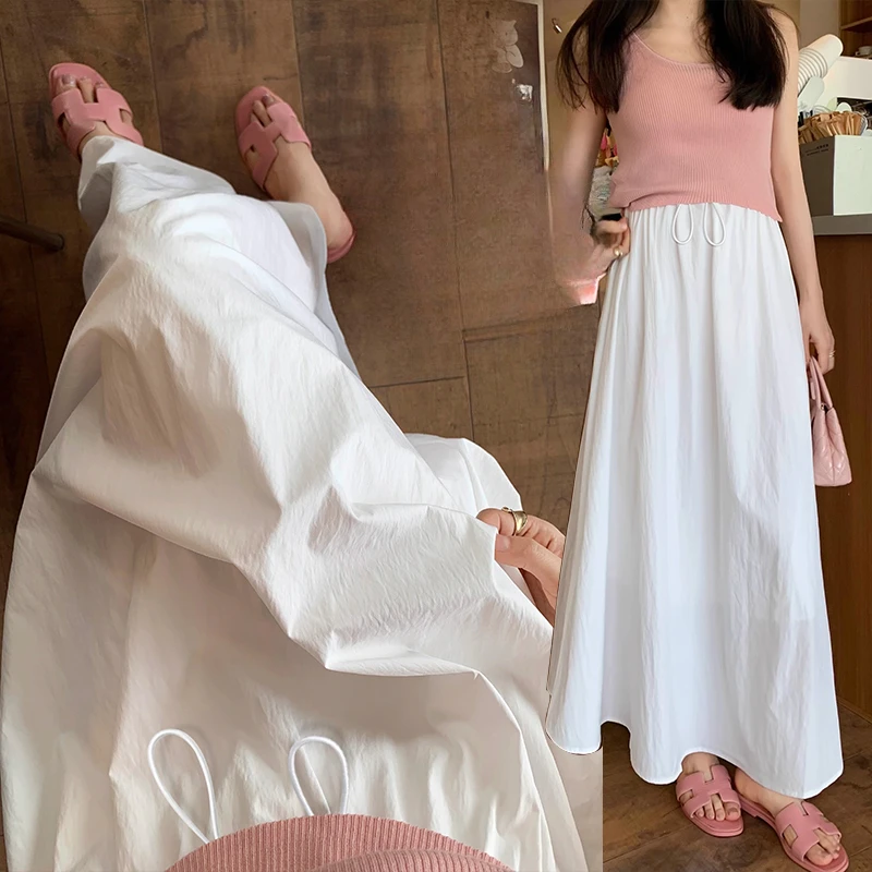 Summer Korean Style Maternity Cotton Long Skirts Solid Color Drawstring Waist Large Hem Plus Size Pregnant Woman Umbrella Skirt