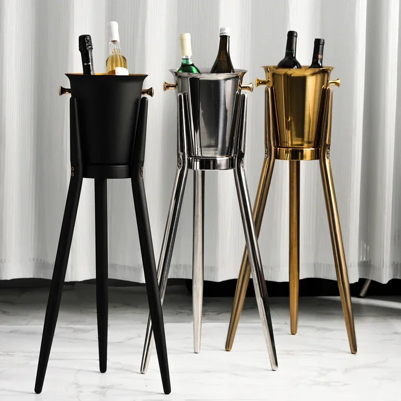 Stainless Steel Chilled Beverage Bucket Set, Floor Stand Three-Legged Champagne Cooler, Bar Club Drink Chilling Ice Holder