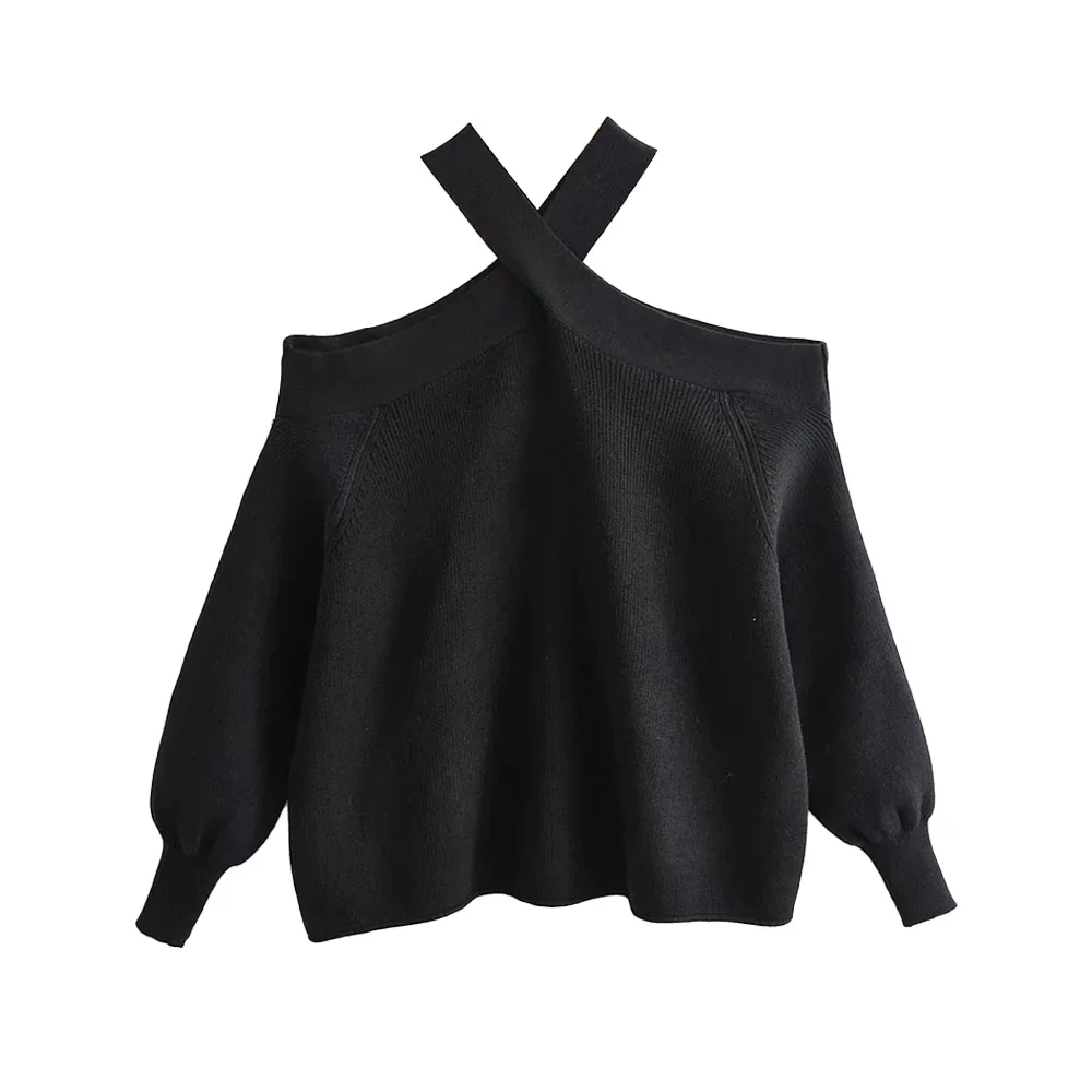 

2024 NEW Women Fashion Loose Knit Halterneck Sweater Sexy Off Shoulder Long Sleeve Female Pullovers Chic Tops