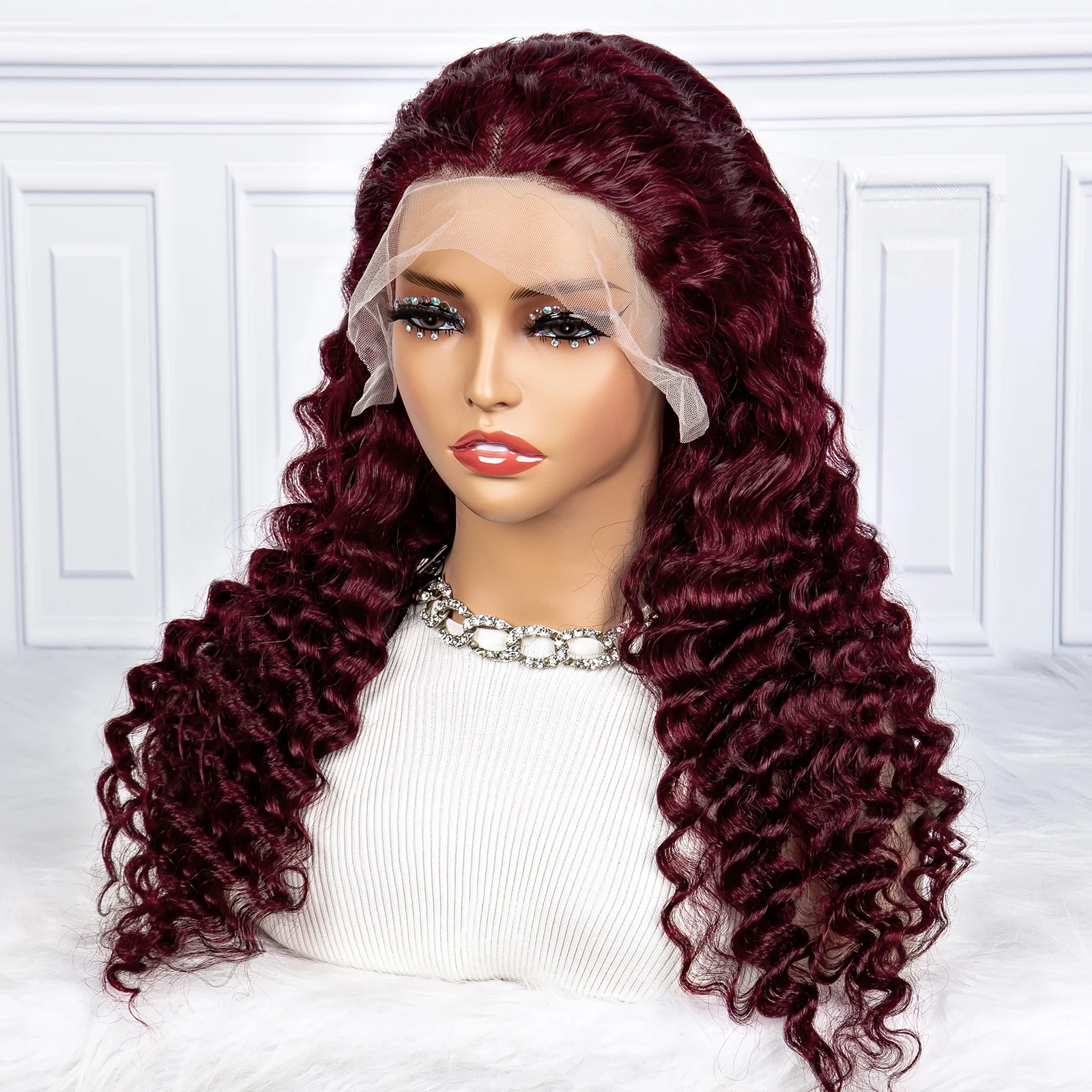 250% Density Deep Wave Wavy Human Hair Wigs 99J Color 13x4 Transparent Lace Frontal Brazilian Hair Wig for Black Women