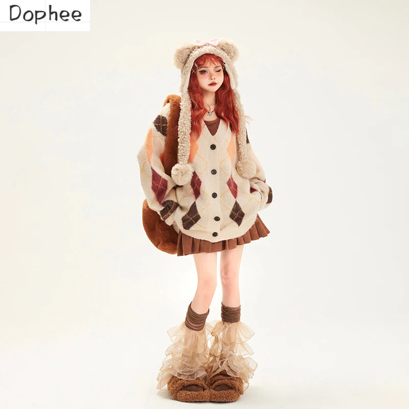 

Dophee Lazy Wind Diamond Check Women Sweater Coat Autumn Winter Single-breasted V-neck Loose Long Sleeve Knitted Cardigan Top