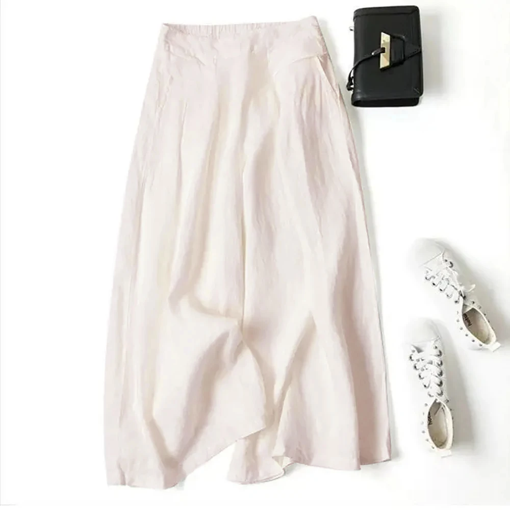 Summer Pants for Women Cotton Linen Large Size Wide Leg Pants Femme Arts Style Elastic Waist Solid Casual Loose Pantalon 5