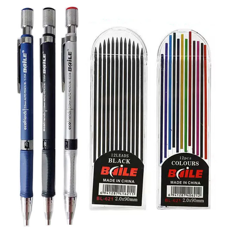 2.0mm Mechanical Pencil Set 2B Automatic Pencils With Color Black Lead Refills Draft Student Drawing Writing Crafting Art Sketch