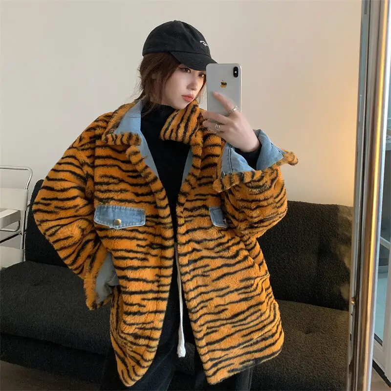 

Winter Denim Coats Women Reversible Hip Hop Harajuku Jacket Thicken Plus Rabbit Hair Coats Jacket Female Warm Overcoat Outwear