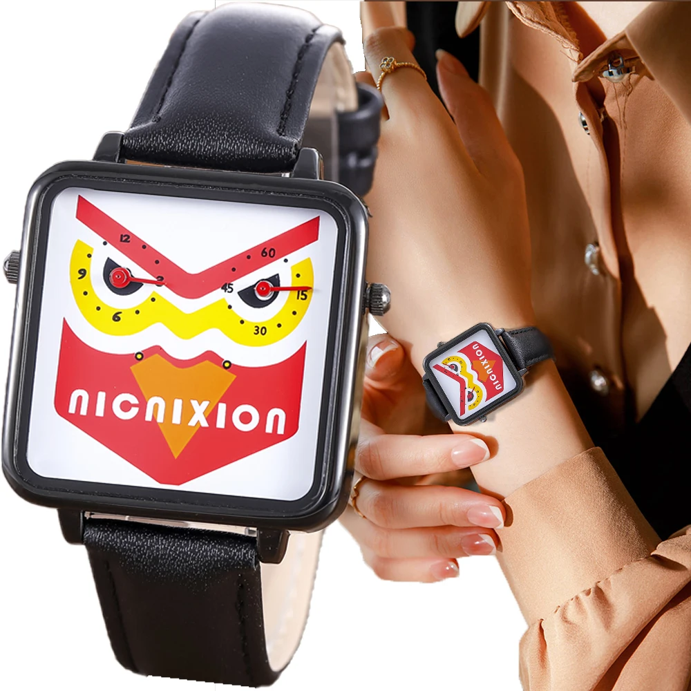 Fashion Vane Women's Wristwatch Creative Double Eye Owl Panda Cartoon Belt Watch Square Clock