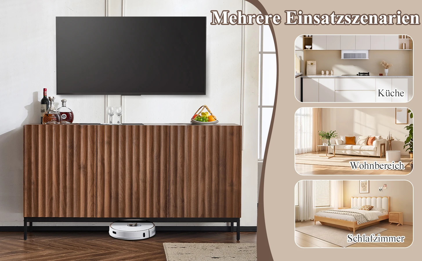 150 x 40 x 80 cm großes Sideboard aus dunkler Eiche, dekorativer Schrank im Mid-Century-Stil, 3 Türen, welliges 3D-Design, verstellbare Regale – Detail 19