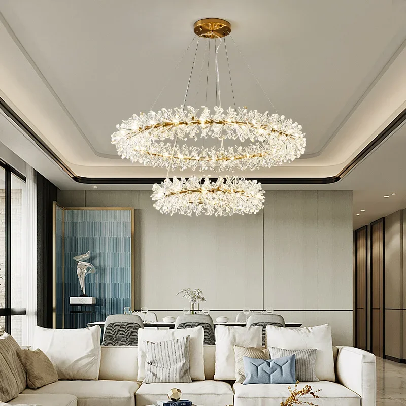 Przezroczysty kryształowy żyrandole sufitowe LED okrągła lampa salon restauracja sypialnia hangllamp z złoty Metal drutem regulowana żarówka G4 wymienna