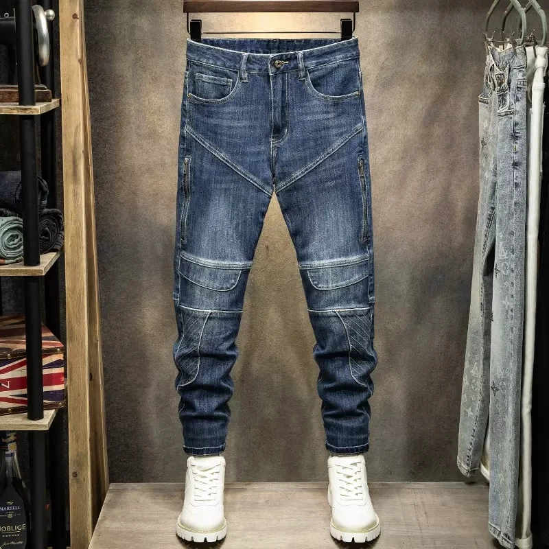 High Street Fashion Men Jeans Retro Blue Stretch Elastic Skinny Fit Ripped Jeans Men Patched Designer Hip Hop Denim Biker Pants
