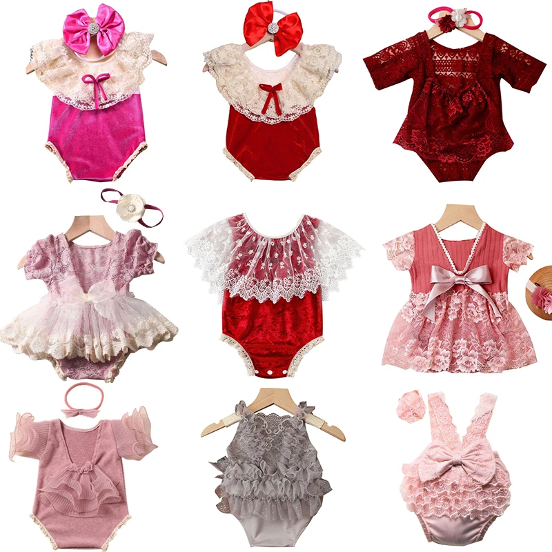 

1Set Newborn Photography Props Outfits Costume Lace Romper Bow Headband Set Baby Girl Photo Shooting Outfits Fotografia Accessor