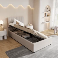 Lit simple rembourré Fangange 90x200cm, lit enfant avec sommier à lattes et espace de rangement, tête de lit réglable, lin, beige 2