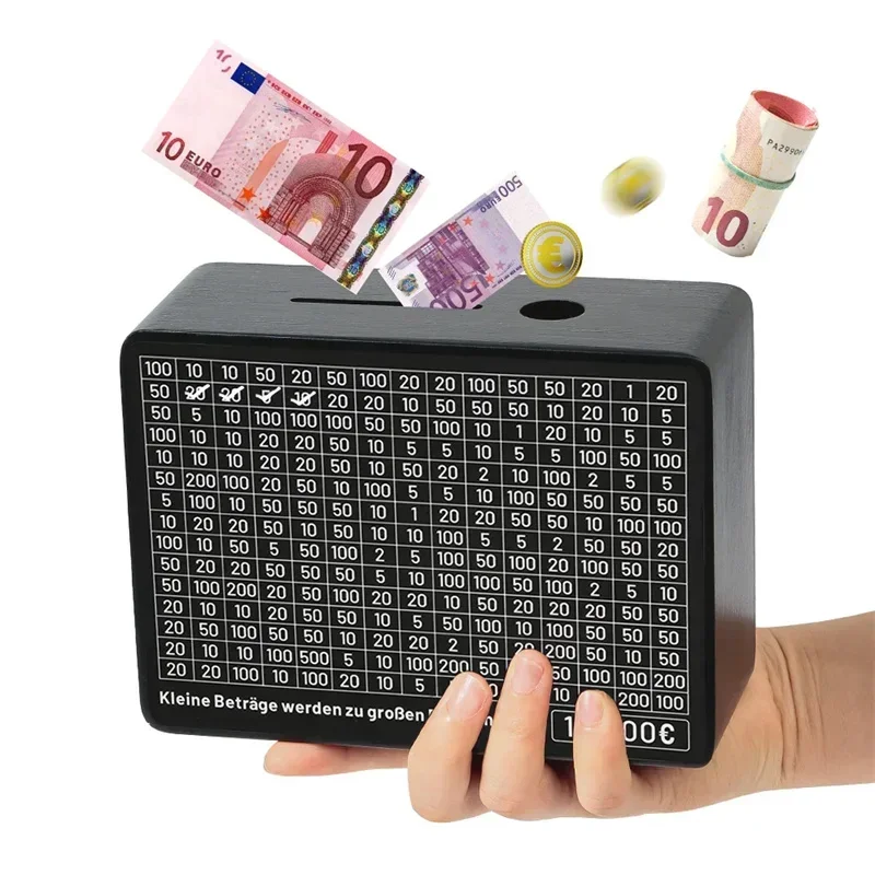Elegant Black Wooden Piggy Bank with Digital Counter and Savings Goals