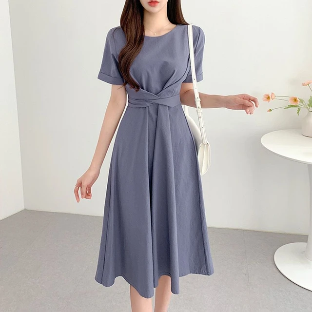 2022 Summer New Korean Simple Chic Waisted Slim Solid Midi Dress Women  Temperament Round Neck Lace-up Office Ladies Casual Dress - Dresses -  AliExpress