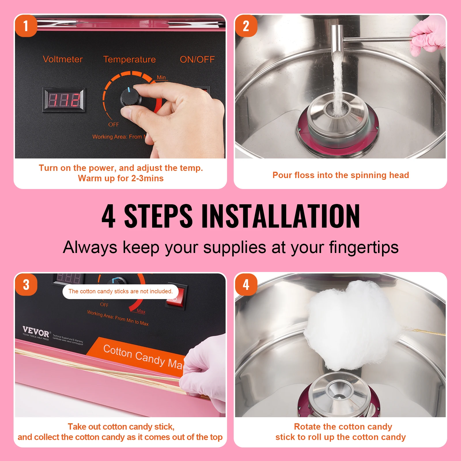 VEVOR Electric Cotton Candy Machine 1000W Candy Floss Maker Commercial Cotton Machine Stainless Steel Bowl and Sugar Scoop