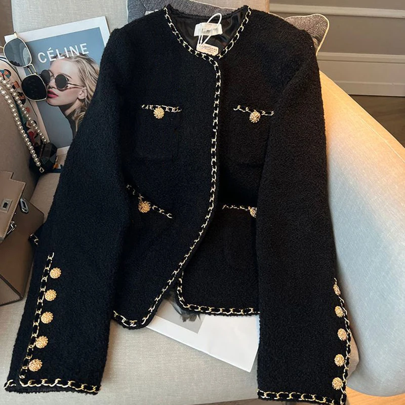 2023 Nuovo Autunno Nero Design Vintage Girocollo Giacca In Pile da Donna Elegante Chaquetas Mujer Manica Lunga Pulsante Cappotto Corto_voghion.com