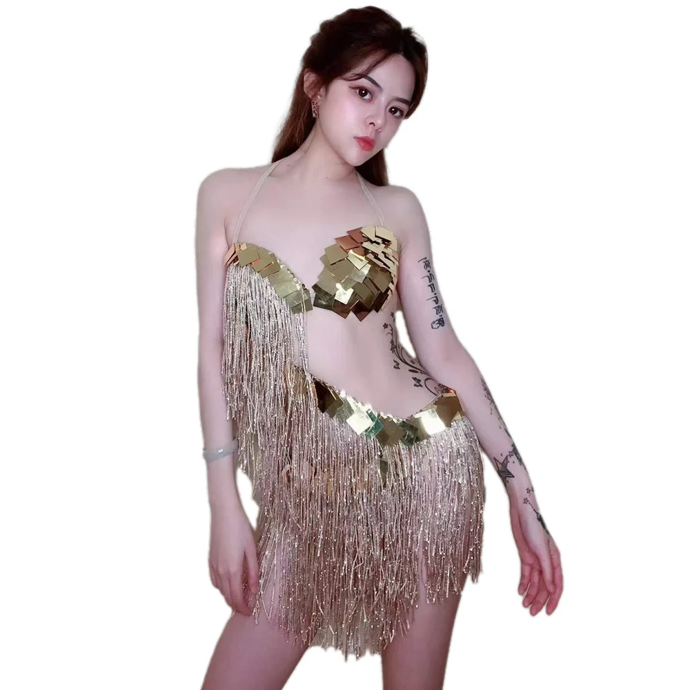 

Spaghetti Strap Shining Mirror Glitter Backless Fringe Sexy Women Dress Nightclub DJ Bar Cloth Carnival Wear Dance Stage Costume