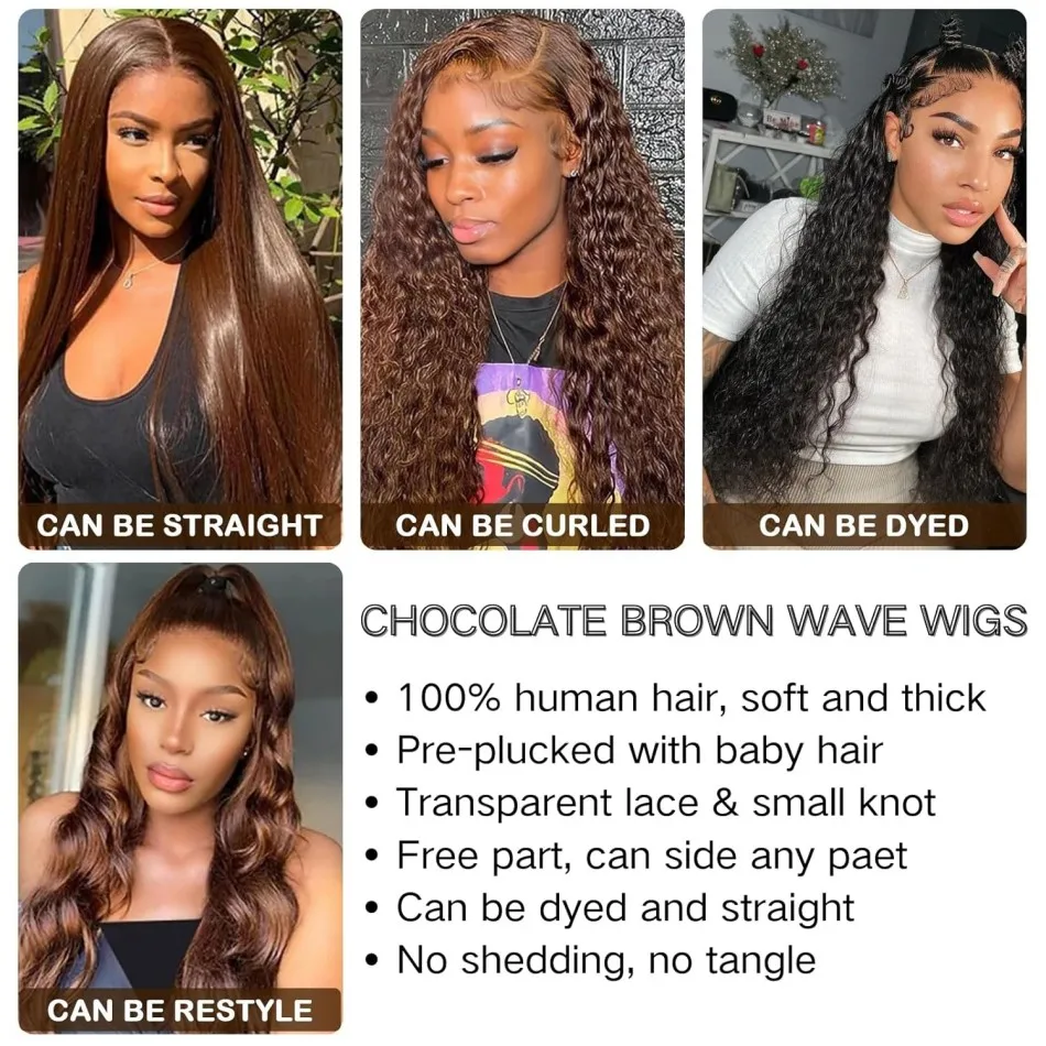 Human Hair Wigs Chocolate Brown Body Wave 13X6 Hd Lace Frontal 250 Density Colored Pre Plucked Brazilian