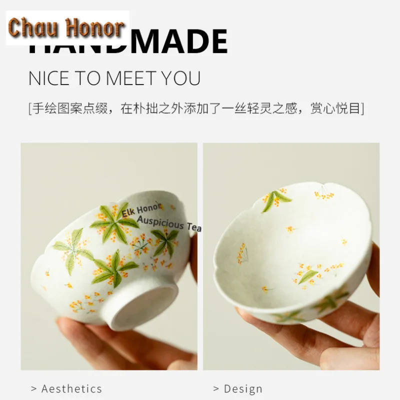 2pc/set 100ml Hand-painted Osmanthus Flowers Teacup Retro Tea Bowl Set Of Cups Tea-tasting Smelling Cup Chazhan Master Cups Gift