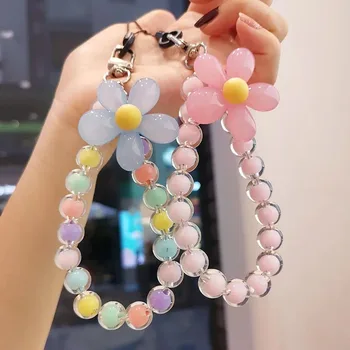 Fashion Mobile Phone Color Beaded Lanyard Universal Phones Keychain Flower Pendant Wrist Strap Portable Anti Lost Chain