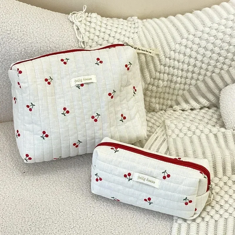Cherry pattern Cosmetic Bags for Women Travel Small Square Make Up Storge Handbag Cute Quilted Cotton pencil Cases cosmetic bag cosmetic storage bag makeup bag cosmetic case