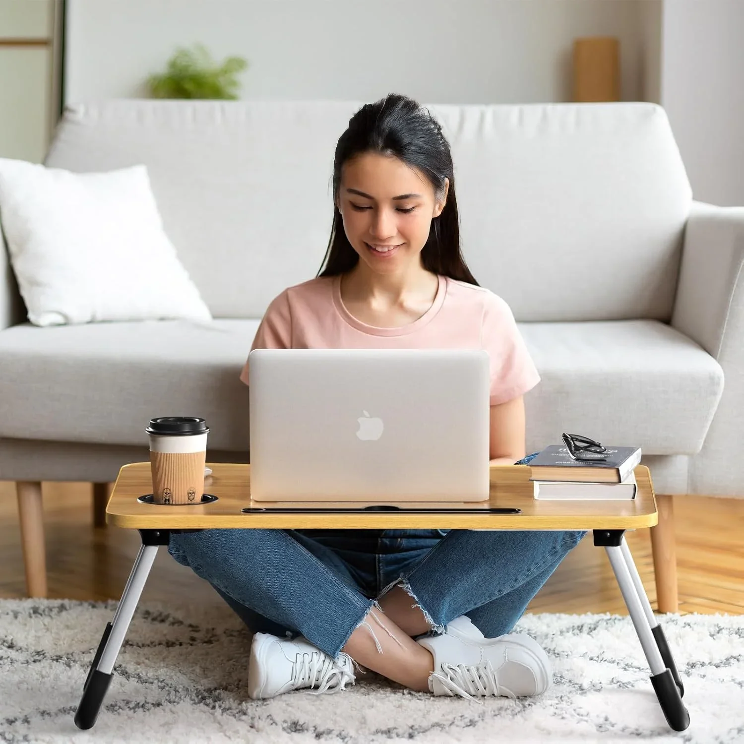 Foldable Lap Desk, 23.6 Inch Portable Wood Laptop Desk for Bed Sofa Reading Writing Eating Watching, Walnut 4