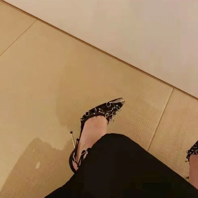 Runway Style Women Pumps  Rough Mesh Silver Rings Metal Buckle Strap Summer Lady Genuine leather High heels Party Prom Shoes 4