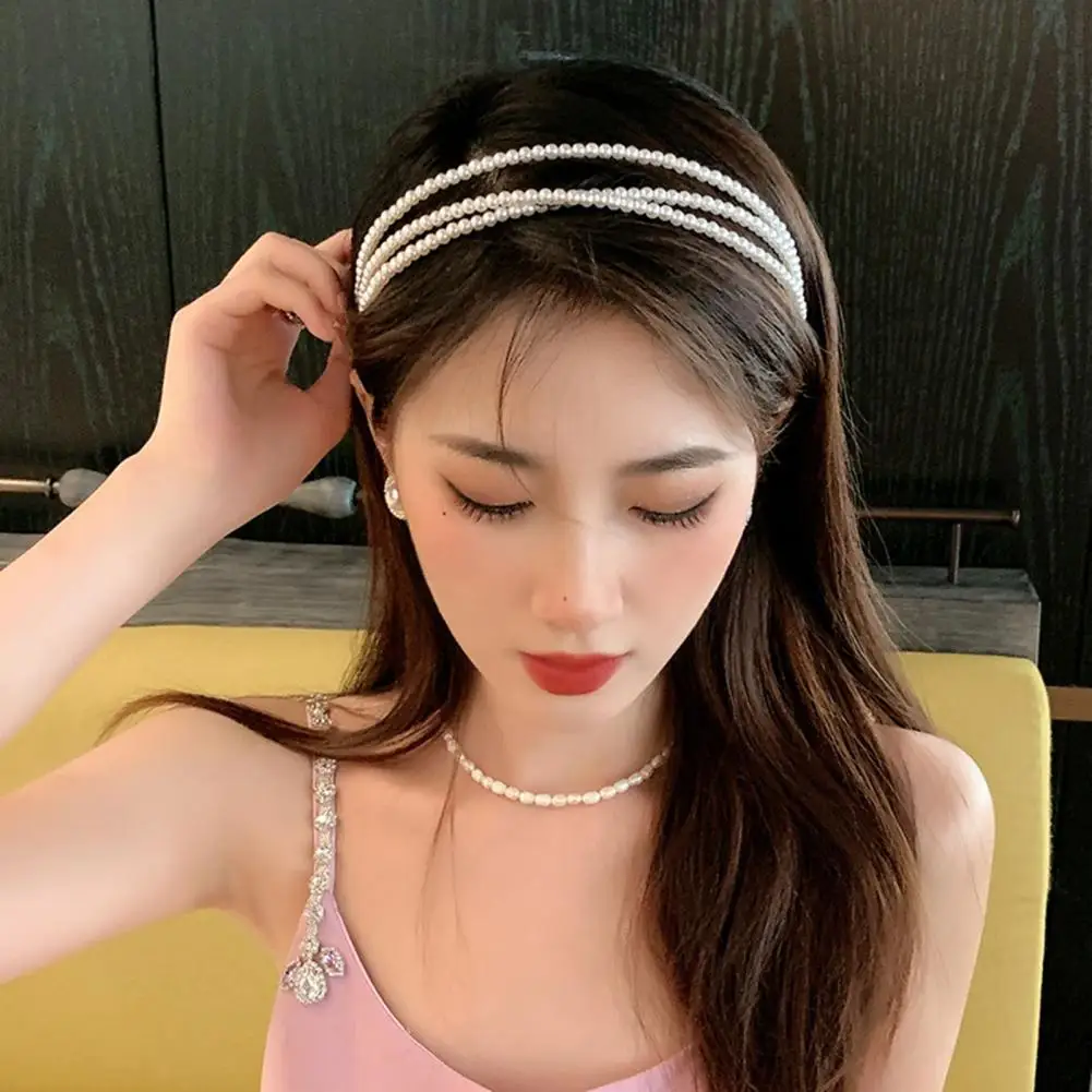 

Three Layer White Faux Pearls Headband Women Anti-slip Elastic Elegant Head Hair Hoop Headdress Hair Accessories