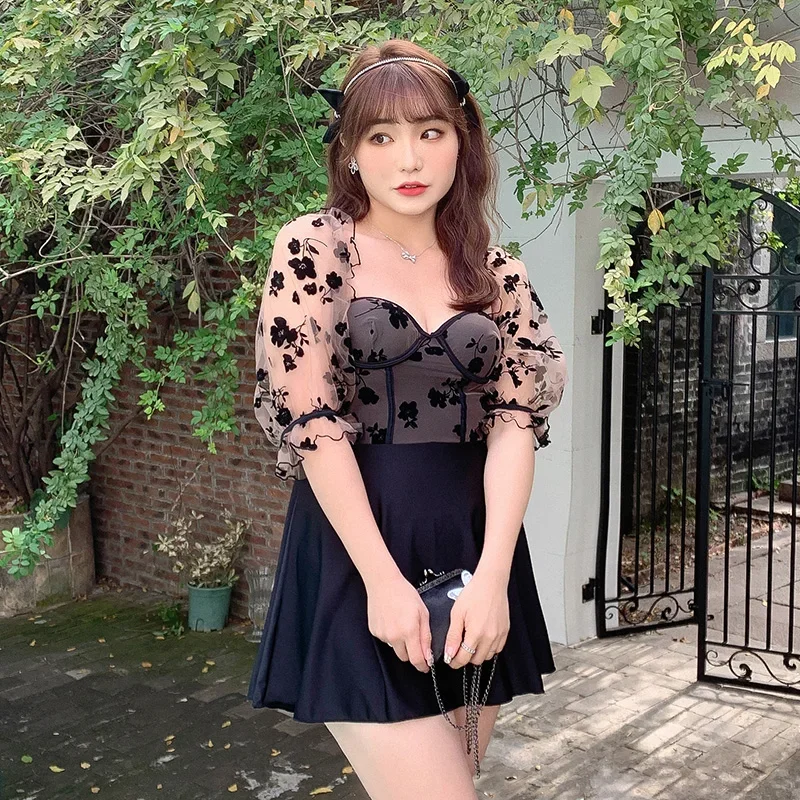 

Sexy Black Floral One Piece Swimsuit Women Lace Patchwork Mid-Sleeve Swimwear Plus Size Swimwear Bathing Suit Women 2023