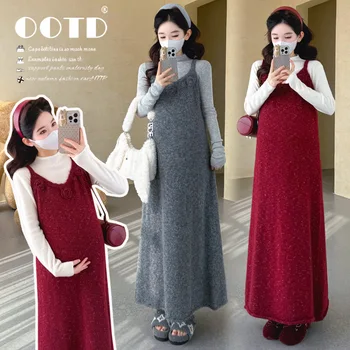 Maternity Suit Autumn Winter Knit Spaghetti Strap Maxi Dress And Long Sleeve Turtleneck Top Two Piece Set For Pregnant Women