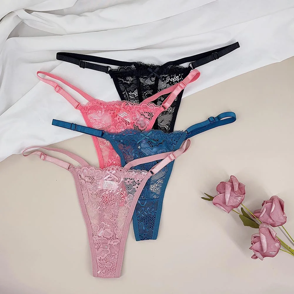 3pcs/set Adjustable Strap Mesh Thong and G String Women's Sexy Low Waist Underwear See Through Female Underpants