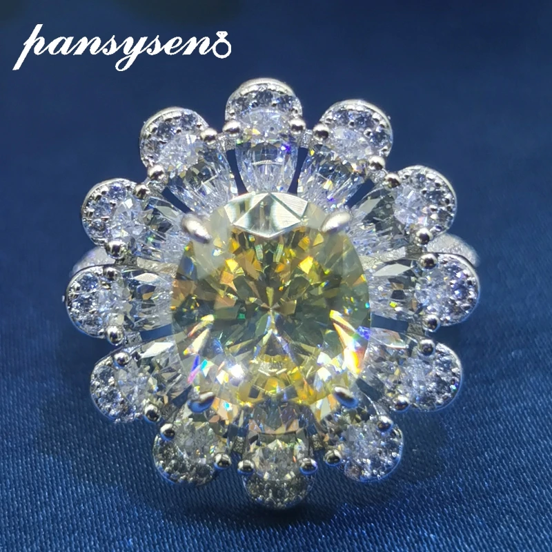 

PANSYSEN High Quality 100% 925 Sterling Silver 9*11MM Simulated Moissanite Citrine Sapphite Rings for Women Wedding Fine Jewelry