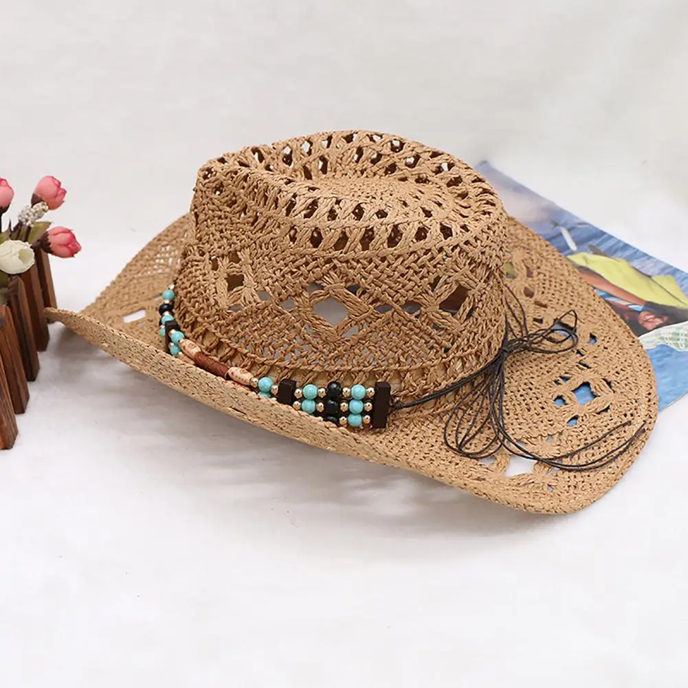 Unisex Straw Cowboy Hat with Decorative Bands Hollow Breathable Design Ultralight Cowgirl Woven Sun Hat
