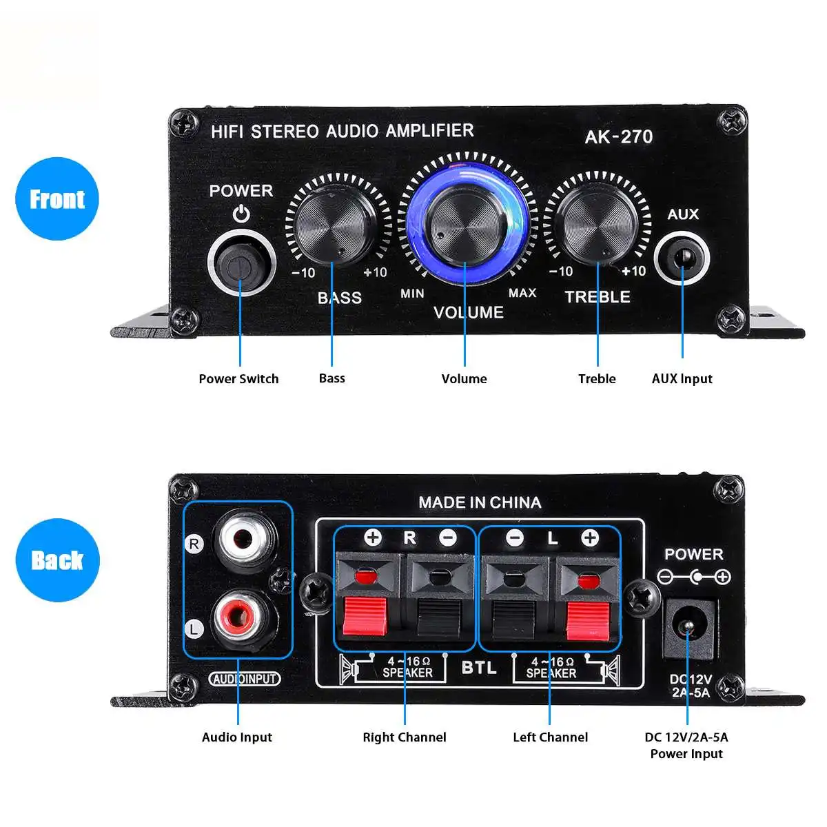 AK270 12V Mini Audio Amplifiers for Car Digital Sound Amplifier for Home Car Channel 2.0 Power AMP Support Treble Bass AUX input