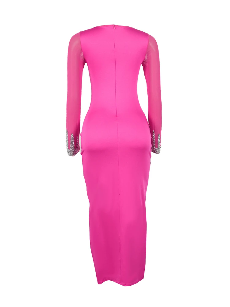 Pink Midi Dress Long Sleeve Round Neck Sequin Mesh Insertion