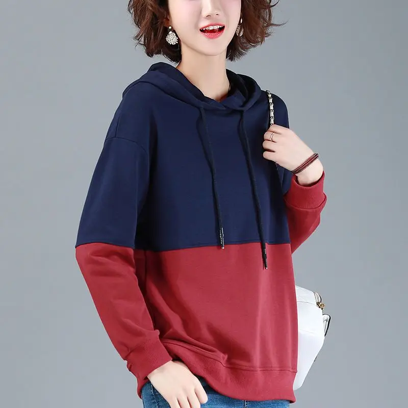 2023 Autumn/Winter New High Elasticity Cotton Loose Relaxed Long Sleeve Spliced Women's Hooded Fashion Trend Mom's Outerwear