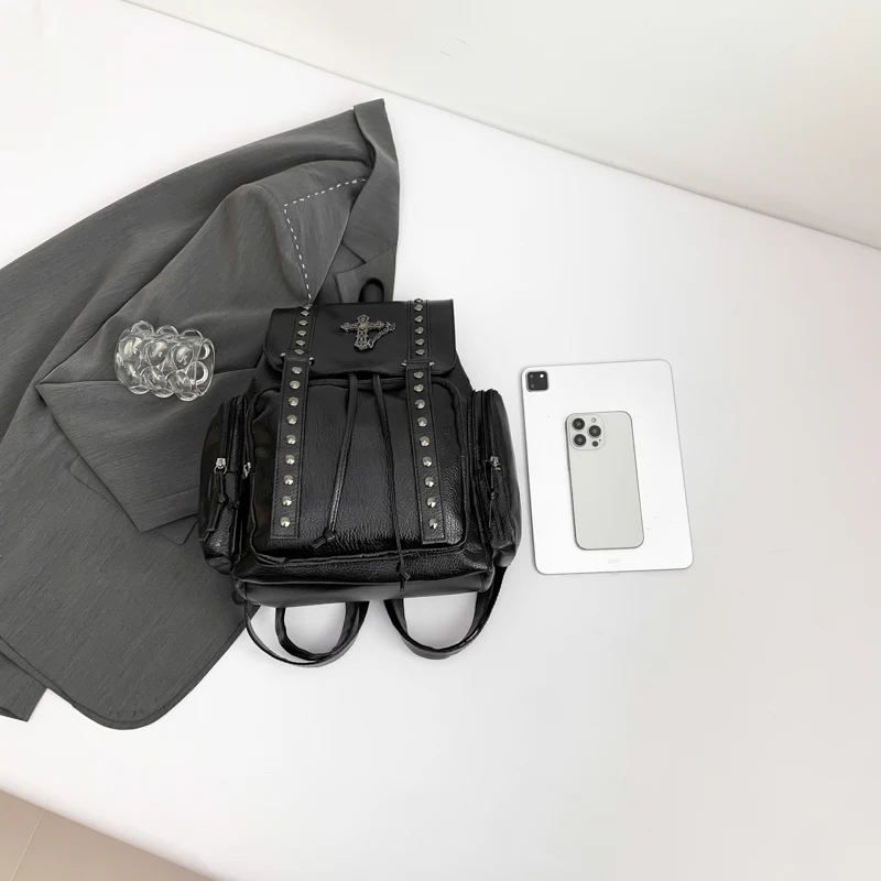 Women Fashion Backpack Multi Pocket Leather Student Laptop Shoulder Bag Punk Rivet Black Handbag For Rock Girls Travel Rucksack 4