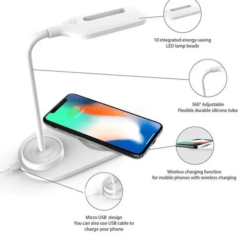 무선 충전기가 있는 테이블 램프, USB 다기능 독서 책상 조명, 유연한 터치, 눈 보호, 침실 사무실 테이블 램프, 10W
