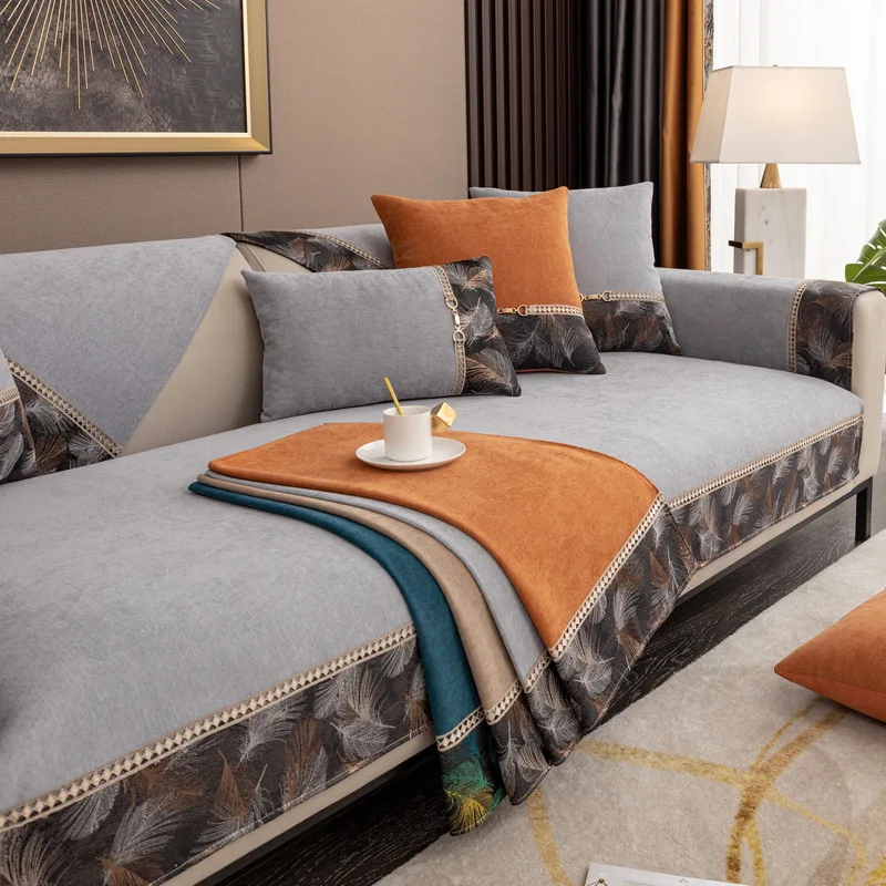 

High Quality Sofa Cover Sofa Towel Cushion Plume Embroid Wide Edge Chenille Fabric Couch Cover Four Seasons Available Sofa Towel